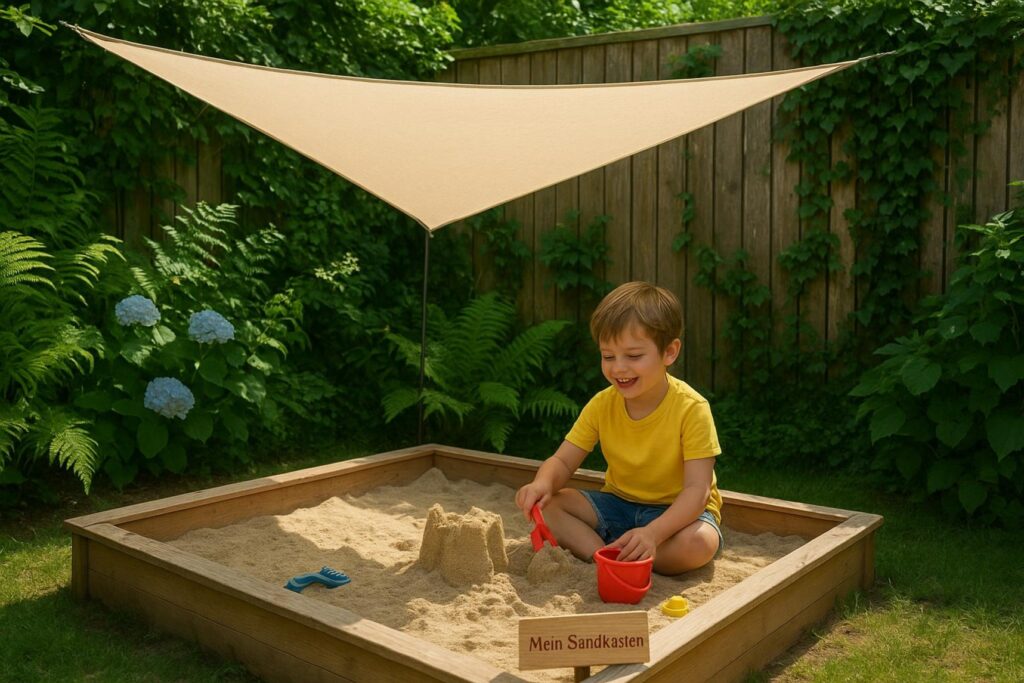 Vergleich von zwei 3x3 Sonnensegel-Modellen: ein luftdurchlässiges HDPE-Gewebe und ein beschichtetes, wasserabweisendes Polyestersegel.