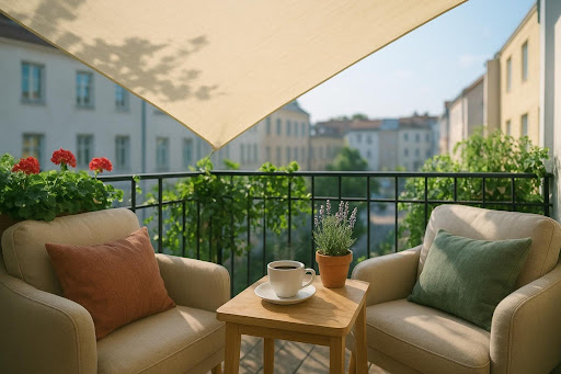 Ein quadratisches 3x3 Sonnensegel über einer kleinen Terrasse mit Loungemöbeln an einem sonnigen Tag